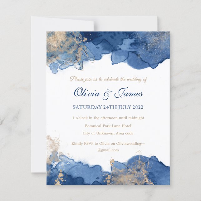 Blue Ink Gold Glitter Budget Wedding Invitation (Front)