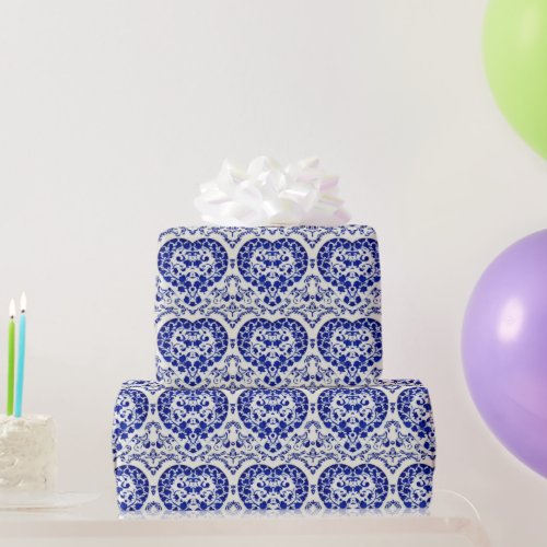 Blue Ink Hearts on White _ Vintage Dutch Style Wrapping Paper