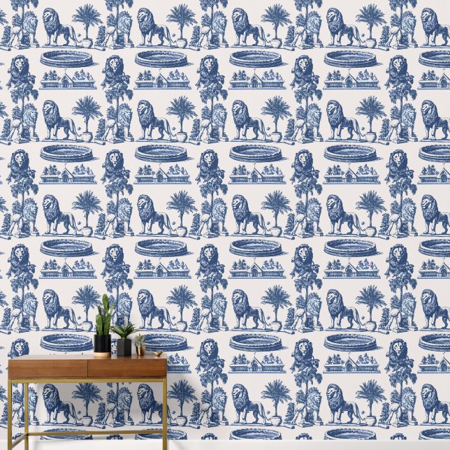 Blue Ink Lions and Savannah Wallpaper (Hallway)