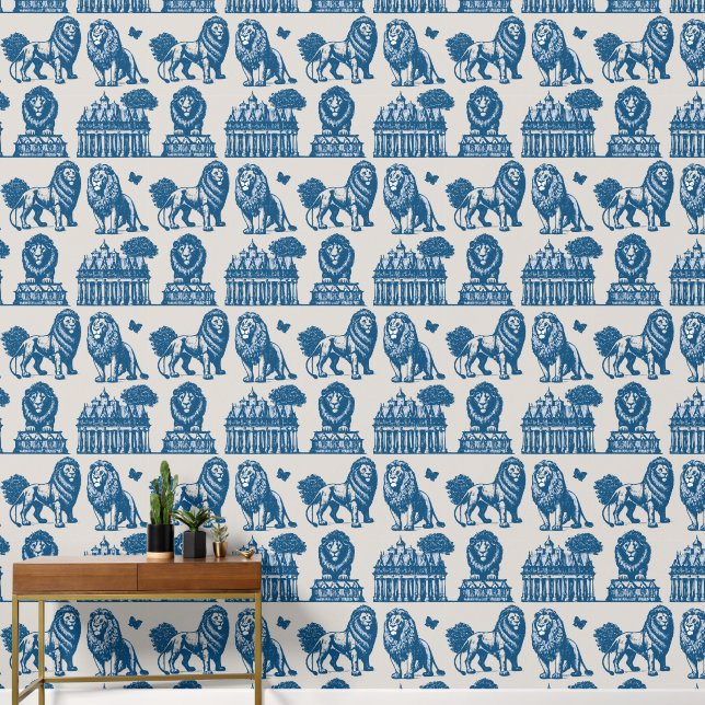 Blue Ink Lions Wallpaper (Hallway)