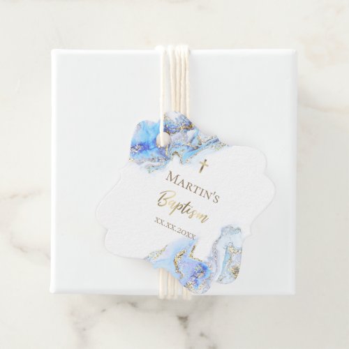 blue ink marble Baptism Favor Tags