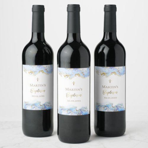 blue ink marble Baptism Wine Label