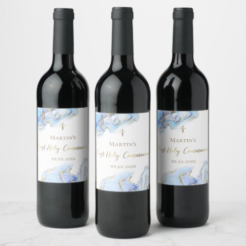 blue ink marble First Holy Communion Wine Label