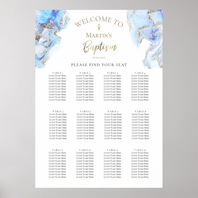 blue ink marble splash Baptism seating chart (Front)