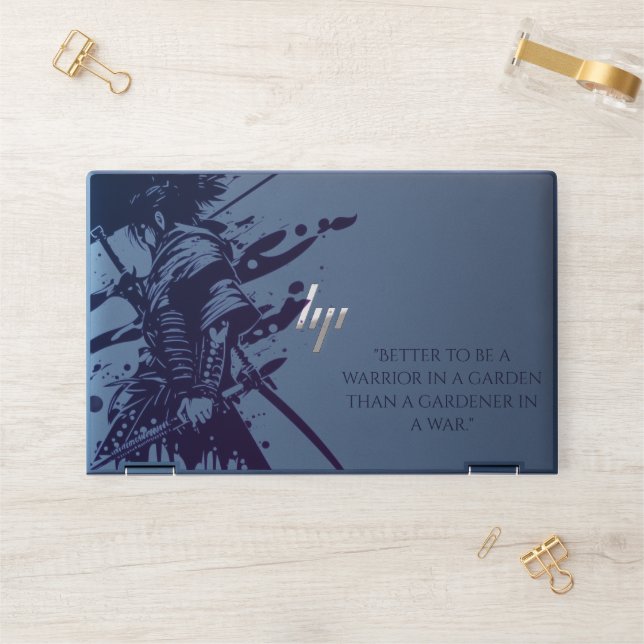 Blue Ink Samurai Warrior & Custom Quote HP Laptop Skin (Desk)