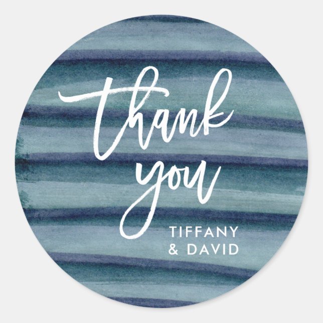 Blue Ink Stripes Wedding Thank You Classic Round Sticker (Front)