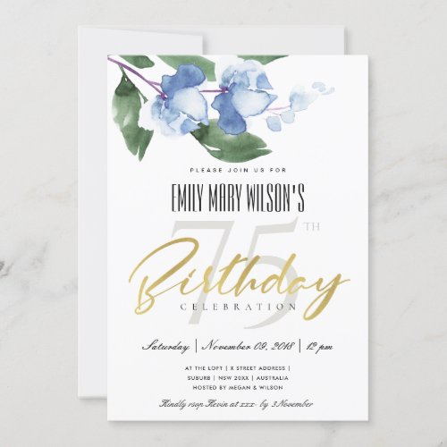 BLUE INK WASH WATERCOLOR FLORAL ANY AGE BIRTHDAY INVITATION