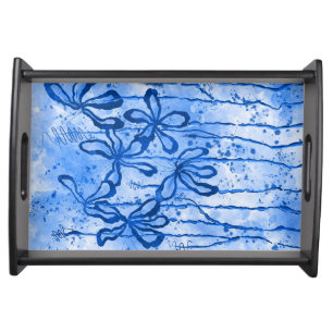 Blue Inked Flowers Abstract Art Serving Tray