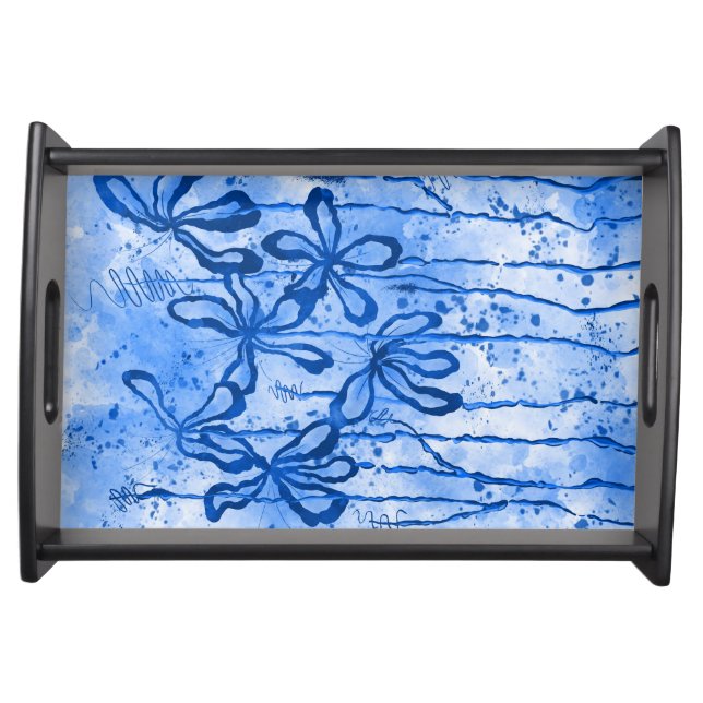 Blue Inked Flowers Abstract Art Serving Tray (Front)