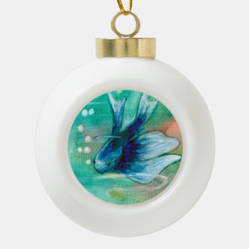 Blue Inky Betta Fish Ceramic Ball Christmas Ornament