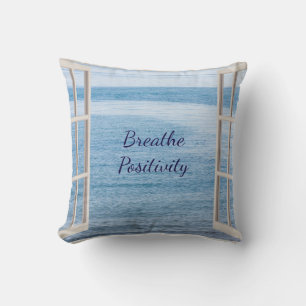 Blue Inspirational Breathe Positivity Throw Pillow