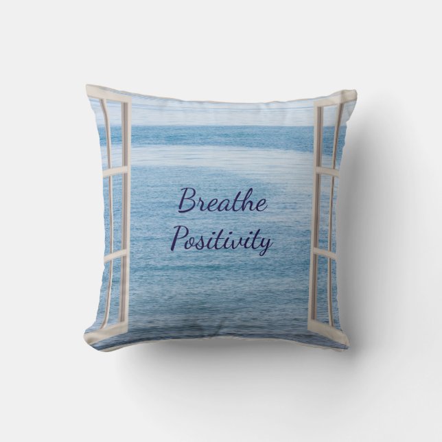 Blue Inspirational Breathe Positivity Throw Pillow (Front)