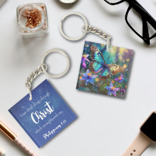 Blue Inspirational Philippians 4:13 Verse Floral Keychain