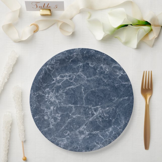 Blue Intricate Marble Texture Wedding Tableware Paper Plates (Wedding)