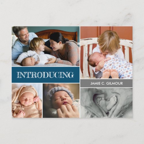 Blue Introducing Custom 2nd baby boy photo collage Announcement Postcard