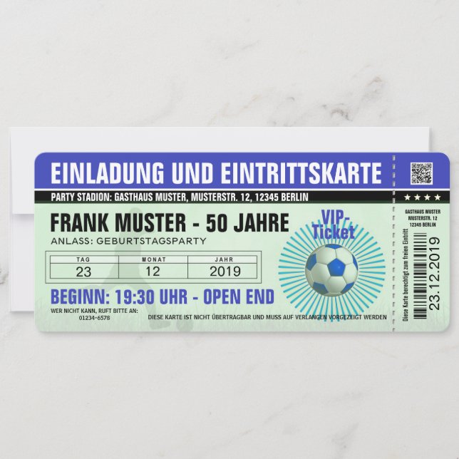 blue invitation and admission ticket (soccer ticke (Front)