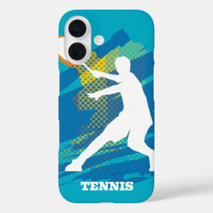 Blue Iphone 16 case with tennis player silhouette