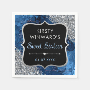 Blue Iridescent Glitter Mermaid Letters Sweet 16 Napkins