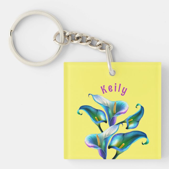 Blue Iridescent Holographic Calla Lilies Keychain (Front)