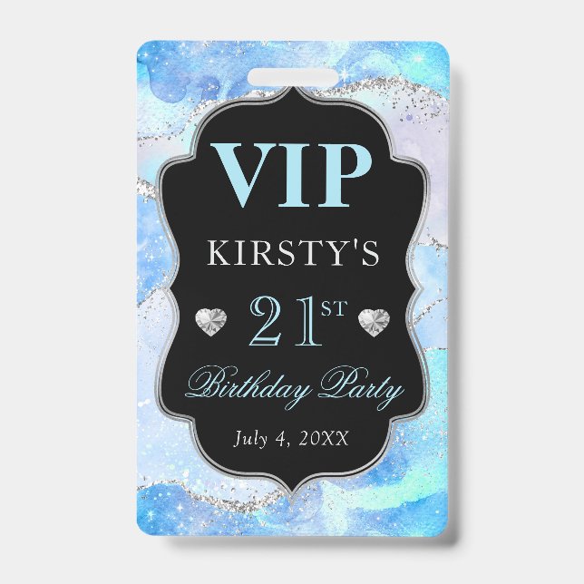 Blue Iridescent Silver Glitter Agate Birthday VIP Badge (Front)