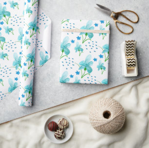 Blue Iris And wildflowers Watercolor Pattern Wrapping Paper