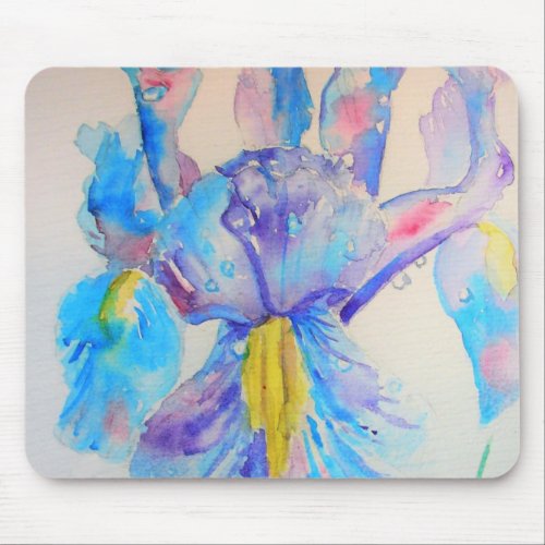 Blue Iris Art floral Watercolor Design Mouse Pad