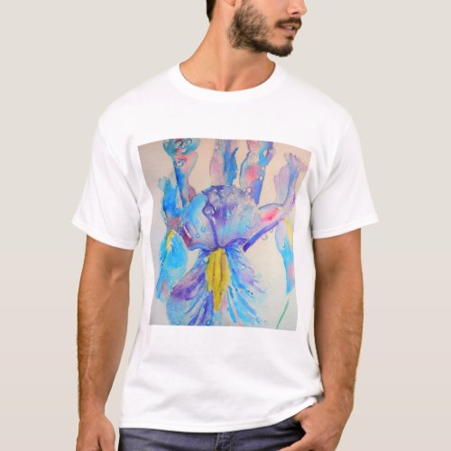 Blue Iris Art floral Watercolor Design T_Shirt