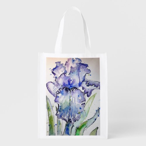 Blue Iris Art floral Watercolor Flower Art Grocery Bag