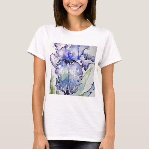 Blue Iris Art floral Watercolor Flower Art T_Shirt