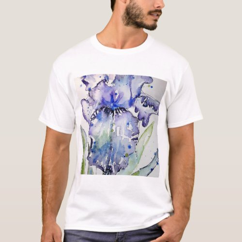Blue Iris Art floral Watercolor Flower Art T_Shirt