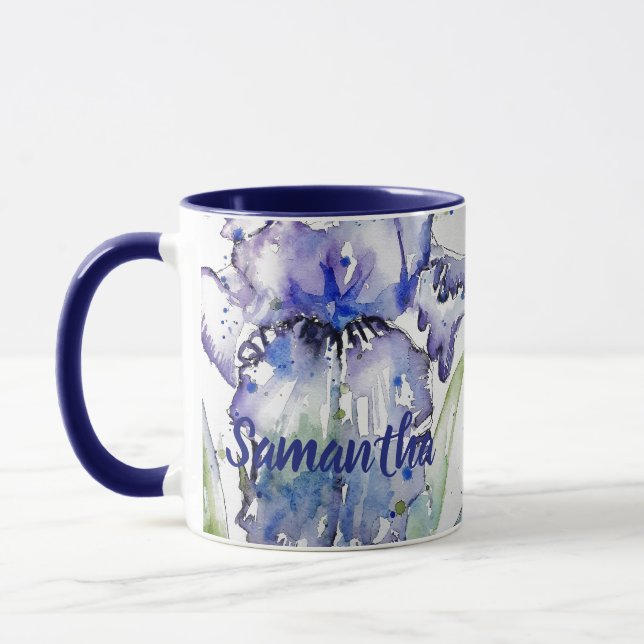 Blue Iris Art floral Watercolor Flower Womans Mug (Left)