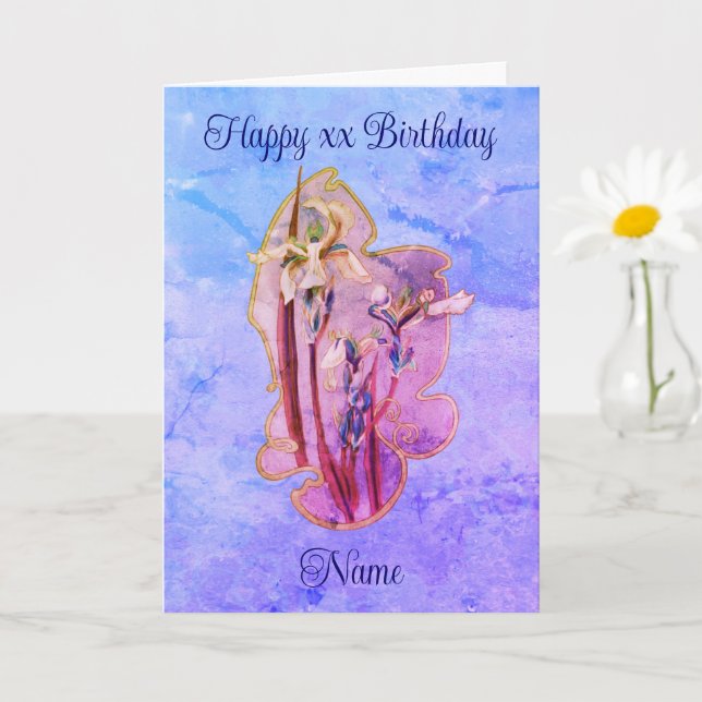 Blue Iris Floral Art Personalized Birthday  Card (Small Plant)