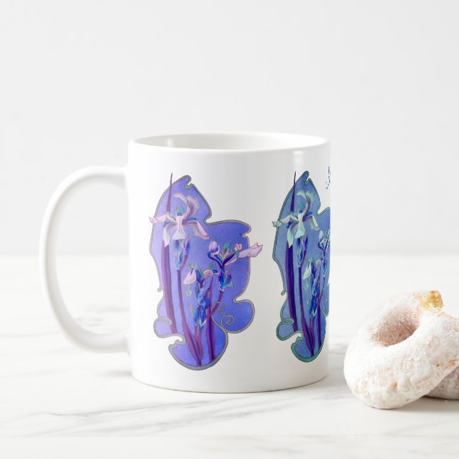 Blue Iris Floral Art Personalized Coffee Mug (With Donut)