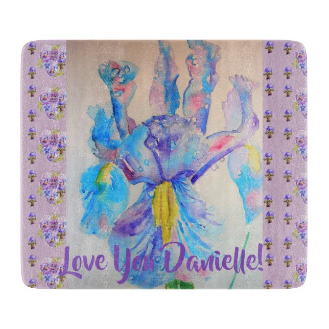 Blue Iris floral flowers Art Glass Chopping Board (Front)