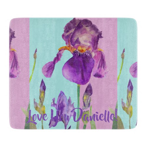 Blue Iris floral flowers Art Glass Chopping Board