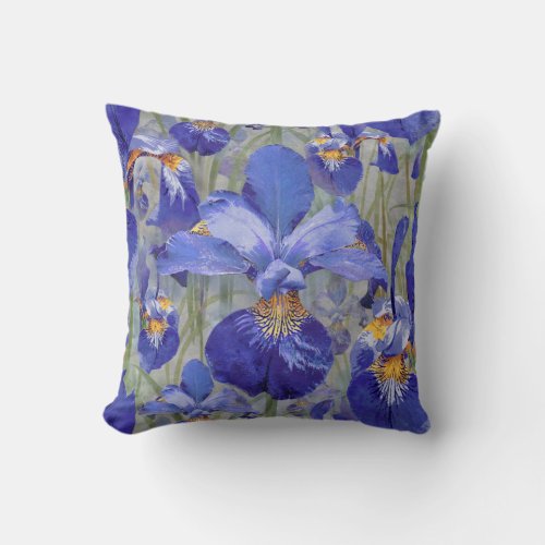 Blue Iris Floral Pattern Throw Pillow