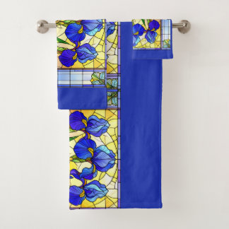 Blue Iris Floral Stained Glass Towel Set