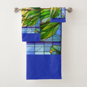 Blue Iris Floral Stained Glass Towel Set