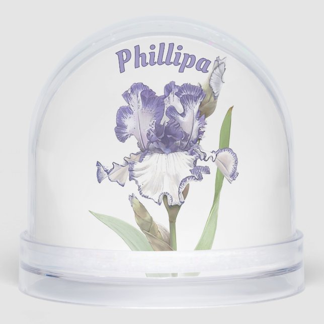 Blue Iris Flower Botanical Art Personalized Snow Globe (Front)