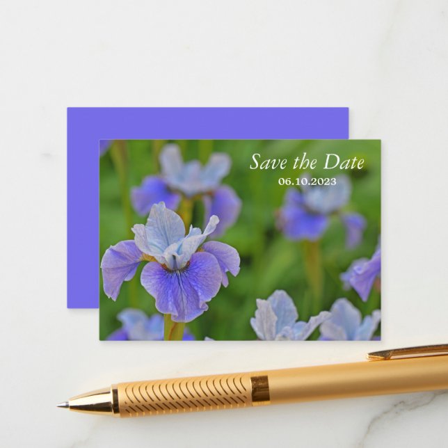 Blue Iris Flower Botanical Save the Date Enclosure Card (Front/Back In Situ)