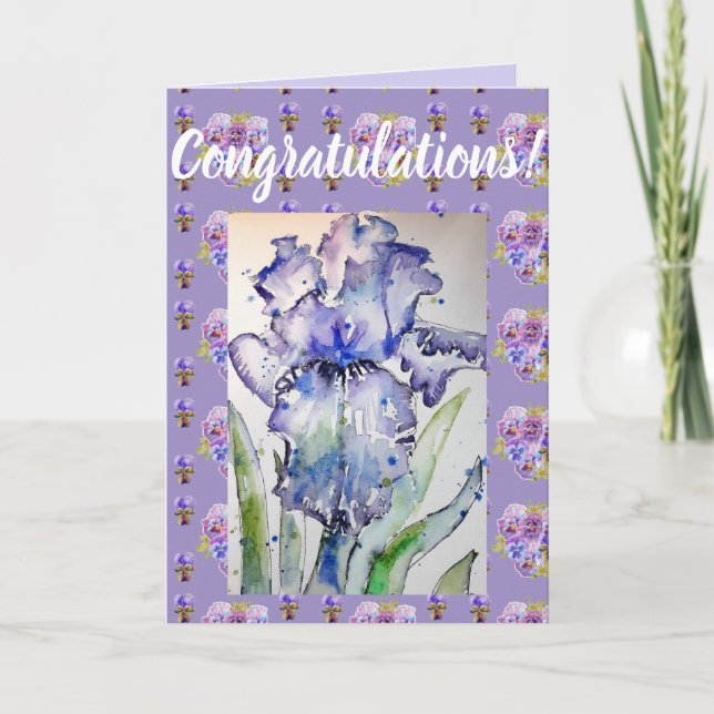 Blue Iris Flower Floral Conrgatulations art Card (Front)