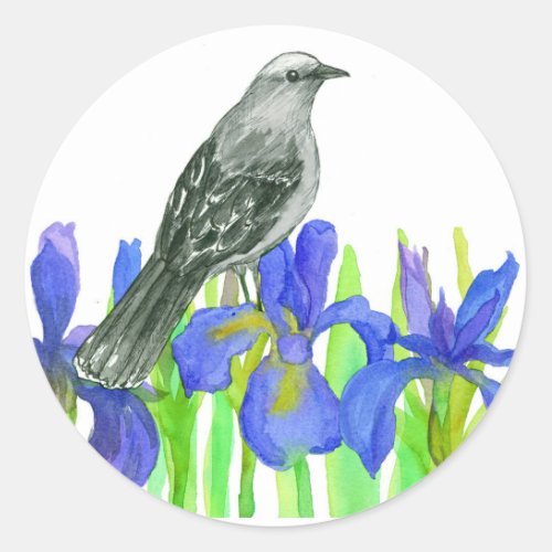 Blue Iris Flower Gray Bird Watercolor Art Classic Round Sticker