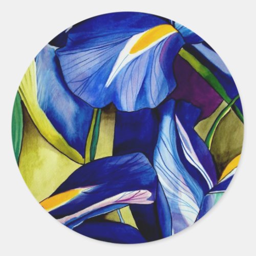 Blue Iris flower original watercolor art painting Classic Round Sticker