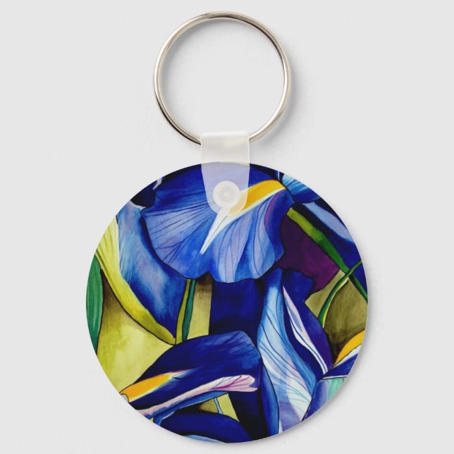 Blue Iris flower original watercolor art painting Keychain (Front)