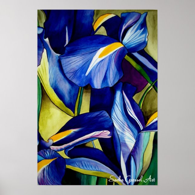 Blue Iris flower original watercolor art painting Poster (Front)