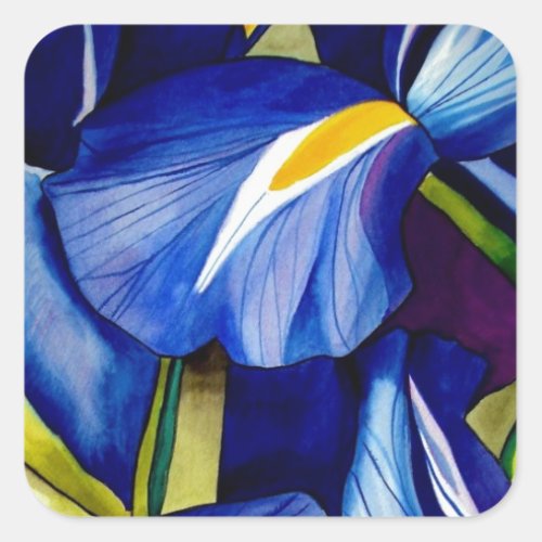 Blue Iris flower original watercolor art painting Square Sticker