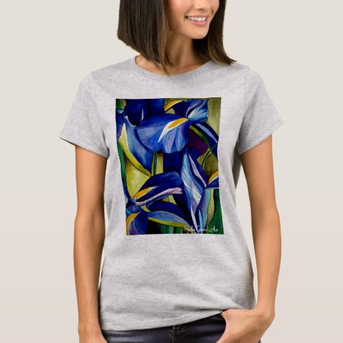 Blue Iris flower original watercolor art painting T_Shirt