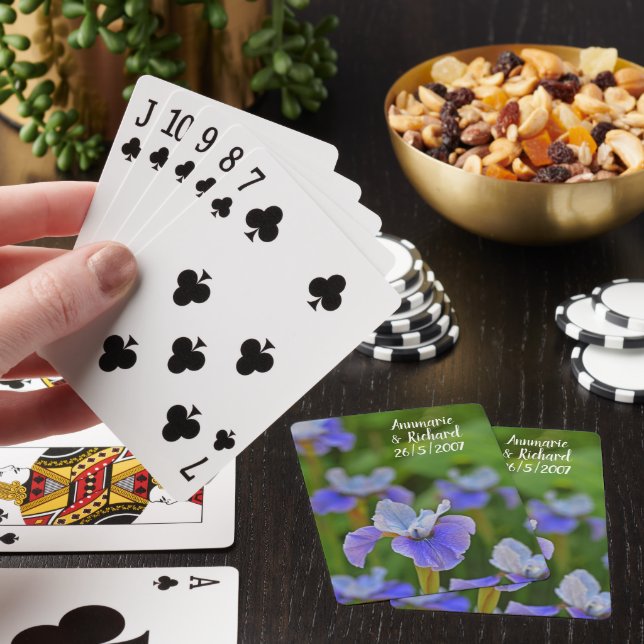 Blue Iris Flower Portrait Anniversary Date Poker Cards (In Situ)