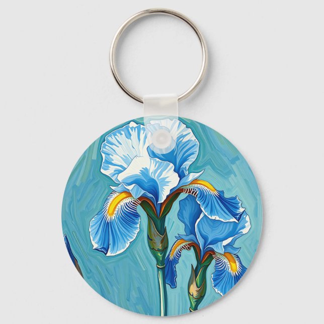 Blue Iris Flowers Artistic Pattern Keychain (Front)