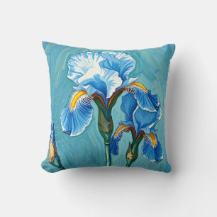 Blue Iris Flowers Artistic Pattern Throw Pillow